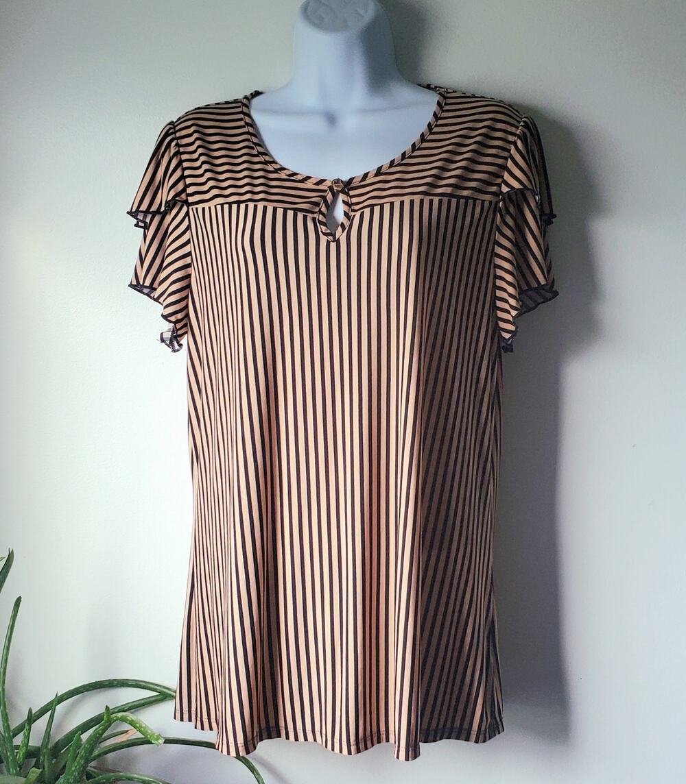 Atelier Tan Black Striped Flutter Sleeve Blousr Womens Size Large Preppy Boho